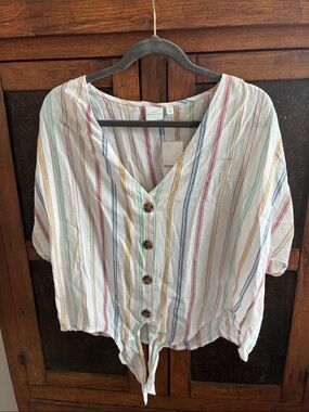 new directions Multicolor Striped Button-Front Tie Hem Top